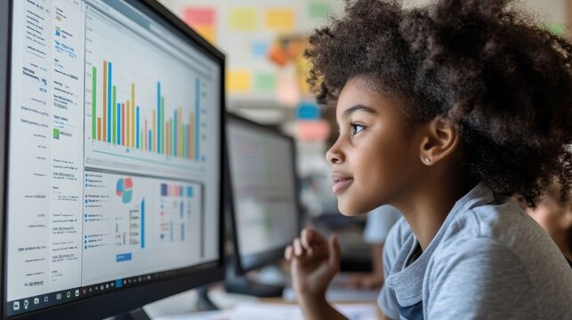 A teacher monitoring student progress through a personalized education platformâ€™s analytics dashboard.