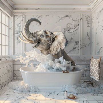 Gro&szlig;er Elefant sitzt in einer Badewanne voller Schaum, Plantschender Elefant beim Baden in einer Badewanne, der Spa&szlig; hat und vergn&uuml;gt trompetet