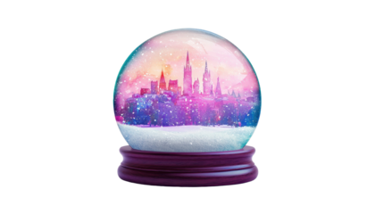 Colorful snow globe featuring a city skyline with a magical winter scene.