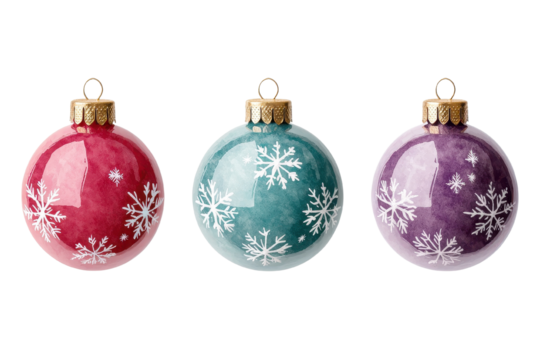 Colorful Christmas ornaments with snowflake patterns on a white isolated background.