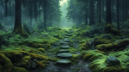 Obraz premium Lush forest path with moss-covered stones and ethereal light.