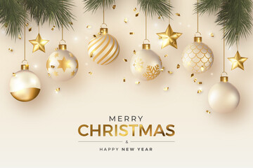 CHRISTMAS and Happy New Year, Realistic Christmas Background with elegant Christmas balls and ornaments.