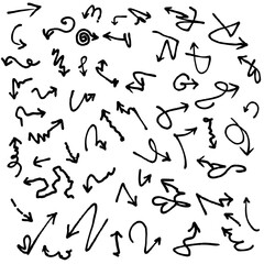 Hand-Drawn Arrow Collection - Doodle Arrows in Various Styles and Directions. Perfect for Graphic Design, Presentations, Maps, and Creative Projects. Black and White Ink Sketch Style.