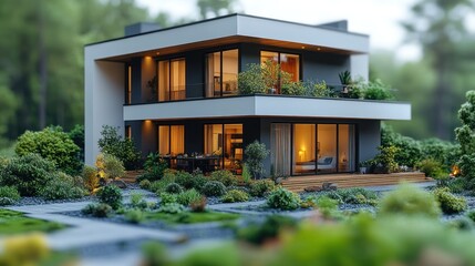 Fototapeta premium Modern two-story house surrounded by lush greenery and landscaping.