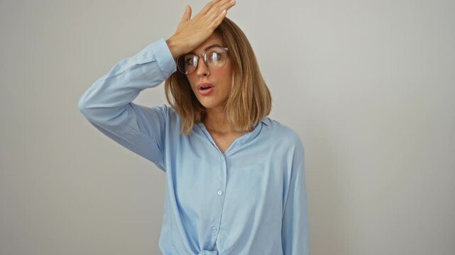 Woman shocked by mistake, young blonde wearing glasses, hand on head in regret over forgotten memory - isolated on white background