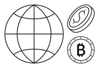 Large outlined globe in the center, dollar coin and Bitcoin coin on the right. Ideal for finance, cryptocurrency, global trade, economics, fintech, international transactions, stock markets. Line