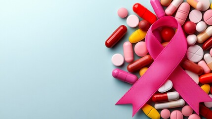 Breast Cancer Awareness: Pink Ribbon Surrounded by Colorful Pills and Capsules for Health, Medicine, and Support