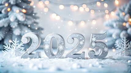 2025 New Year. 3D text numbers on festive background with new year holiday winter seasonal decorations.