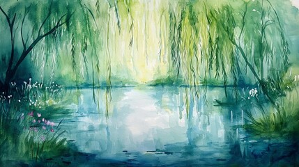 Tranquil Willow Watercolor: A serene watercolor painting captures the essence of tranquility and beauty as sunlight filters through a vibrant willow tree canopy.