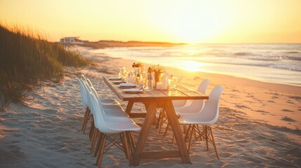 Chic outdoor dinner on a sandy beach with a rustic wooden table, white chairs, and the golden hues of a setting sun