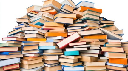 A large pile of colorful books stacked haphazardly, showcasing various sizes and styles, perfect for educational or literary themes.