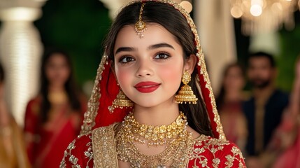 Obraz premium Indian Bride in Red Wedding Dress with Golden Jewelry and Makeup