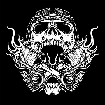 vintage glasses helmet skull vector with crossing piston and flames logo for motorcycle club garage