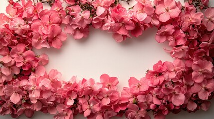 A frame of delicate pink flowers on a white background, creating a blank space in the center for text or design.