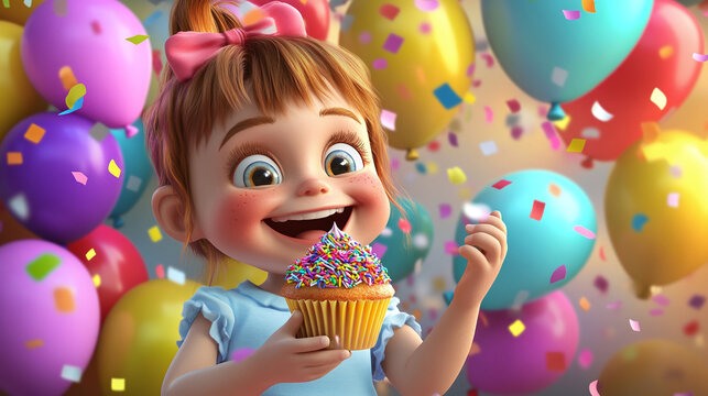 A joyful 3D scene of a smiling child holding a colorful cupcake with sprinkles, with a vibrant party background filled with balloons and confetti.