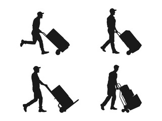 Delivery man silhouette vector. Silhouette of a delivery man pushing a cart with box. Mover pushing moving hand truck or dolly with boxes flat vector icon. vector silhouette on white background.
