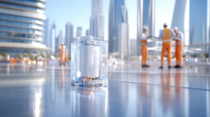 Obraz premium A modern cityscape featuring a clear glass container in the foreground with construction workers in the background, symbolizing innovation.