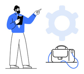Man in blue shirt and white pants with clipboard pointing towards a large gear symbol and a nearby briefcase. Ideal for business presentations, teamwork, industrial concepts, project management