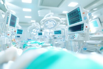 A modern hospital operating room with advanced medical equipment and clear lighting, ideal for healthcare and surgical themes.