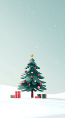 Minimalist Christmas tree scene with gifts, decorations, and plain background