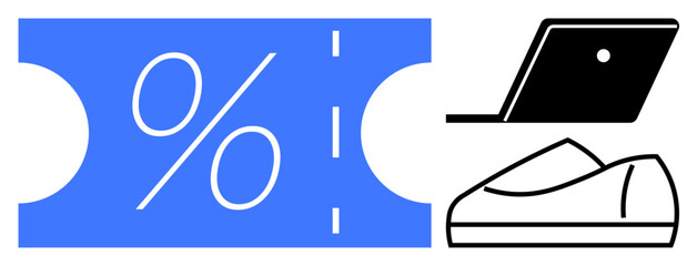 Blue discount coupon with percentage sign, open laptop, and a shoe. Ideal for online shopping, e-commerce, retail sales, market strategy, digital transactions, discount promotions, footwear. Line