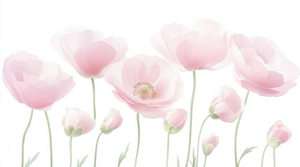 A row of pink flowers with a white background. The flowers are arranged in a way that they are all facing the same direction