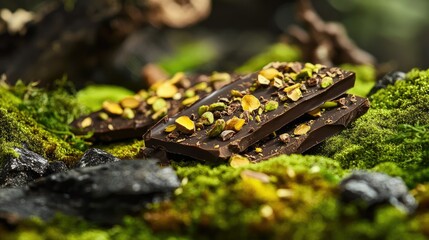 Obraz premium Experience the richness of dark chocolate and pistachio bark set against a vibrant mossy backdrop, offering a feast for both the eyes and taste buds.