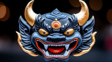 Fototapeta premium Japanese Demon Mask with Horns Gold Accents Close up