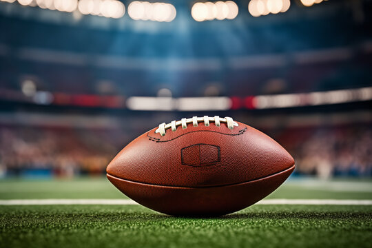 Football on the green grass of a stadium sports field before a game
