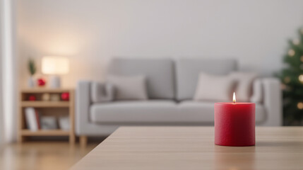 Fototapeta premium A cozy living room with a glowing red candle on the table during the holiday season