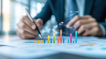A person analyzing growth charts and data trends, illustrating business strategy and investment planning in a modern office.