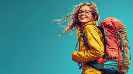 Fototapeta premium Smiling woman with backpack and glasses, ready for a travel adventure.