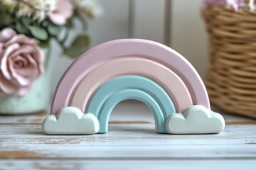 Obraz premium Soft pastel rainbow arc display on a plain white surface with floral decor in the background
