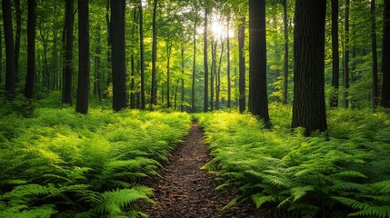 Obraz premium Lush bright green fern leaves blanket the forest floor, creating a serene and inviting scene that highlights the beauty of natural landscapes.