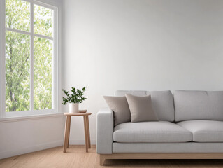 Fototapeta premium Cozy living room with light gray couch and natural light from large window during the day