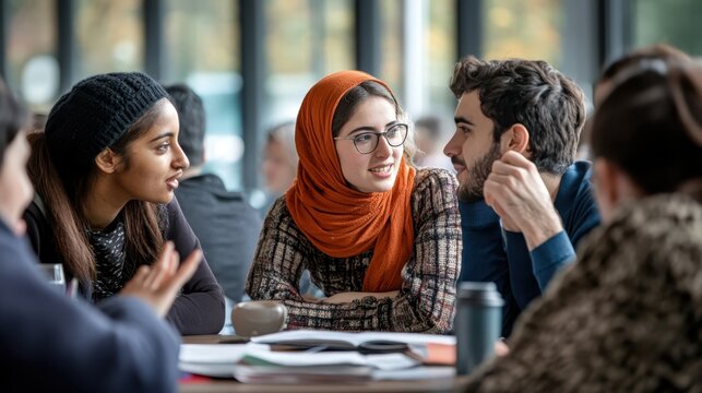 A diverse group of students discussing complex academic subjects in a university setting. - Powered by Adobe