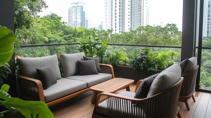 Fototapeta premium Luxurious balcony decor with contemporary furniture, soft textiles, and greenery, perfect for lounging or entertaining.