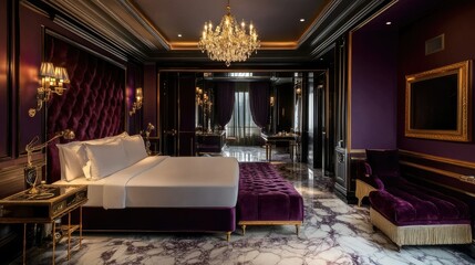 Fototapeta premium Luxury room with deep purple walls and gold detailing, featuring polished marble floors and a grand chandelier, bathed in soft, natural light