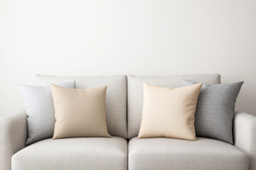 Fototapeta premium A cozy couch is set against a neutral wall, featuring a mix of light gray and soft beige pillows