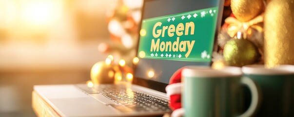 Holiday shopping theme with laptop showing Green Monday