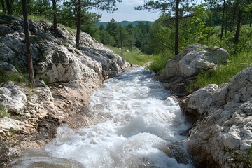 A picturesque stream flows between rocky formations, surrounded by lush green trees and hills under a clear blue sky.