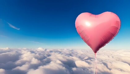 Fototapeta premium A pink heart-shaped balloon floats above fluffy clouds against a bright blue sky.