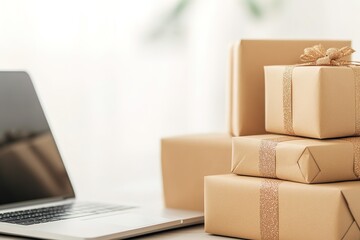 Laptop with stack of gift boxes in soft focus
