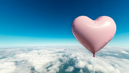 Fototapeta premium A heart-shaped balloon floats over fluffy clouds against a bright blue sky, evoking feelings of love and freedom.