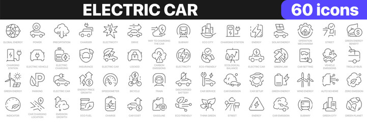 Electric car line icons collection. Energy, charge station, solar energy, emission icons. UI icon set. Thin outline icons pack. Vector illustration EPS10