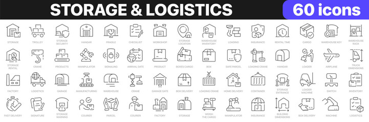 Fototapeta premium Storage and logistics line icons collection. Hangar, warehouse, delivery, container, garage, manufacturing icons. UI icon set. Thin outline icons pack. Vector illustration EPS10