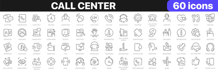 Call center line icons collection. Chatting, support, information, operator, online help icons. UI icon set. Thin outline icons pack. Vector illustration EPS10