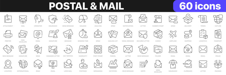 Postal and mail line icons collection. Message, spam, delivery, messaging icons. UI icon set. Thin outline icons pack. Vector illustration EPS10