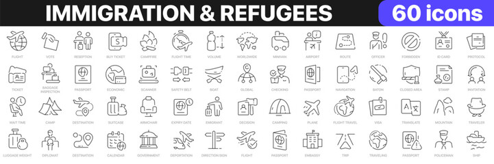 Fototapeta premium Immigration and refugees line icons collection. Embassy, protocol, checking, invitation, emigrant icons. UI icon set. Thin outline icons pack. Vector illustration EPS10