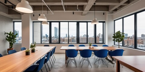 Fototapeta premium Modern loft apartment, floor-to-ceiling windows, city skyline view, exposed wooden beams, white dining table, blue chairs, pendant light, minimalist decor, open concept, industrial chic, natural light